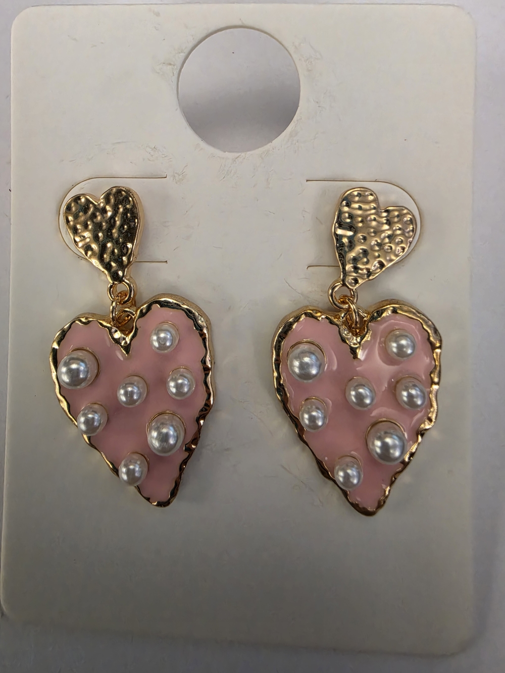 Gold & Pink Heart Drop Earrings with Pearl Accents